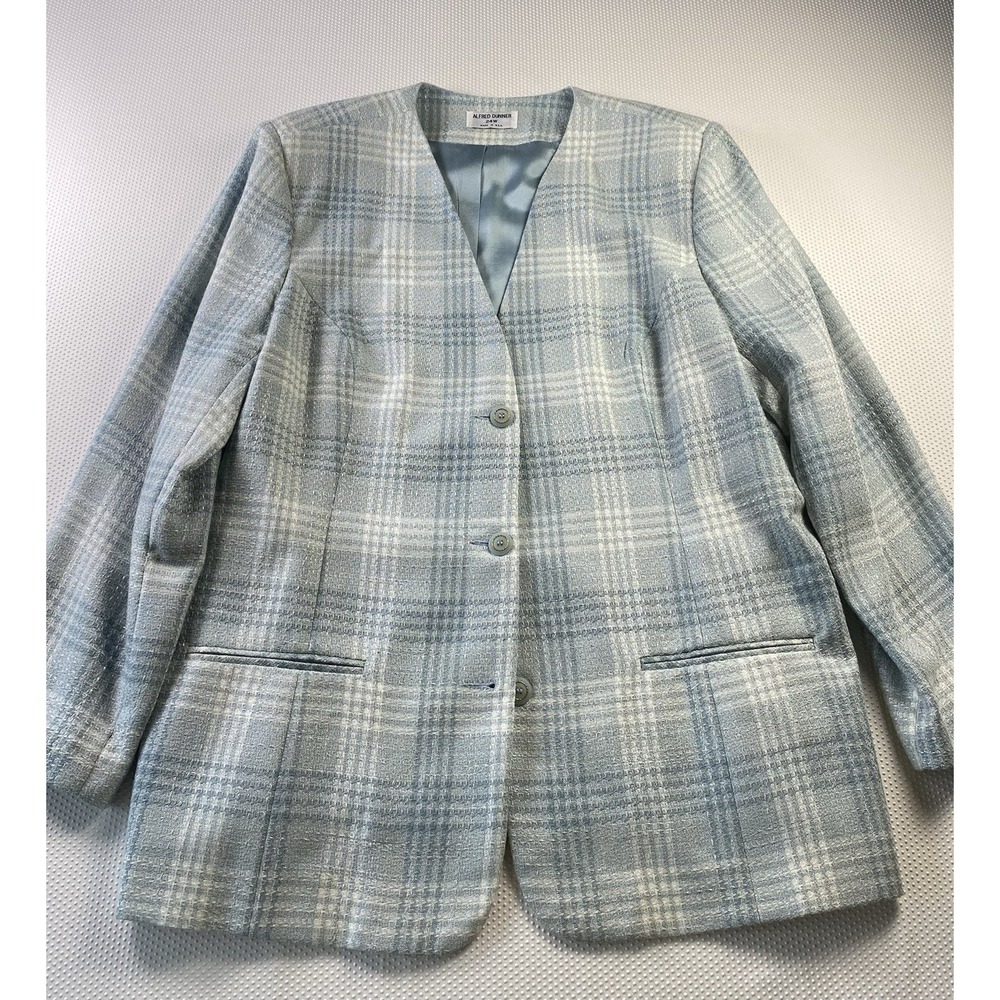 Alfred Dunner Plus Size Jacket Blazer Tweed Aqua Cream Plaid Pockets 24 24W